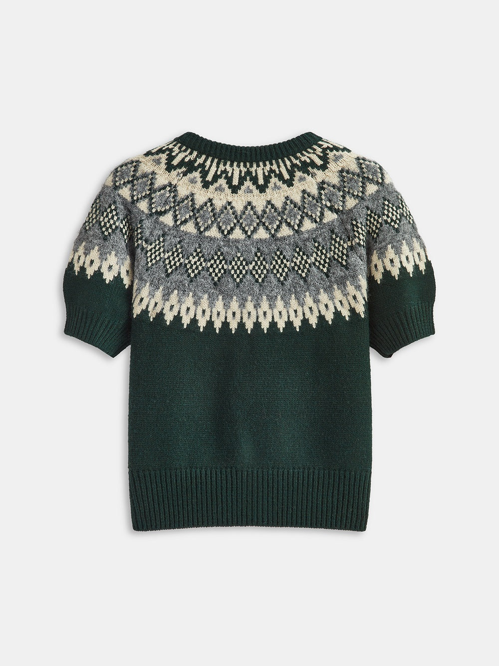 Marinette forest green Fair Isle cardigan, back view