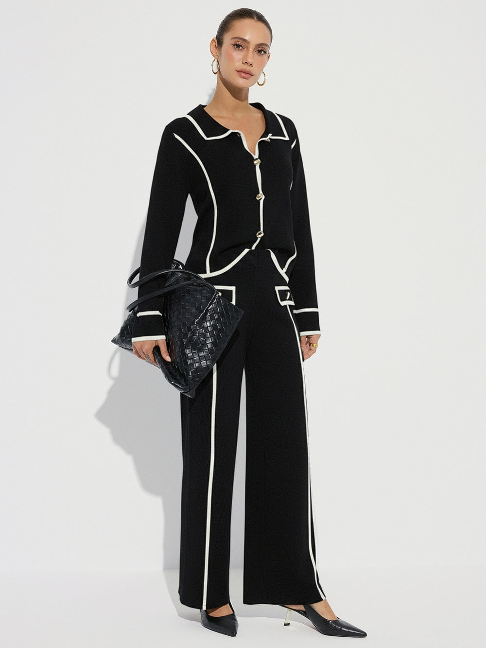 Maud black and cream piped knit cardigan and wide-leg trouser set, full-length front view