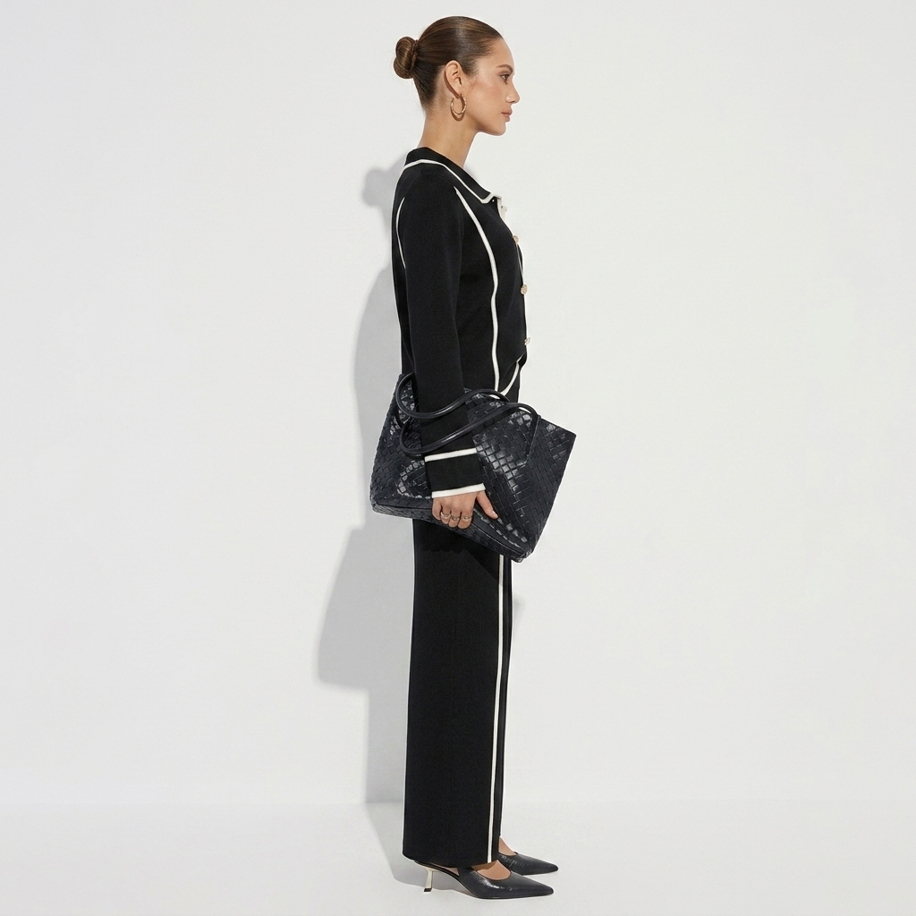Maud black and cream piped knit cardigan and trouser set, side view
