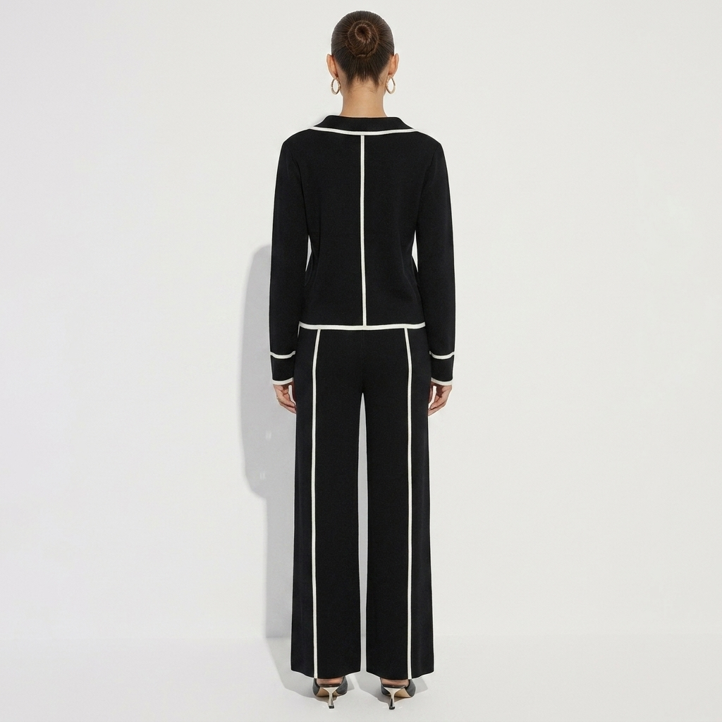 Maud black and cream piped knit cardigan and trouser set, back view