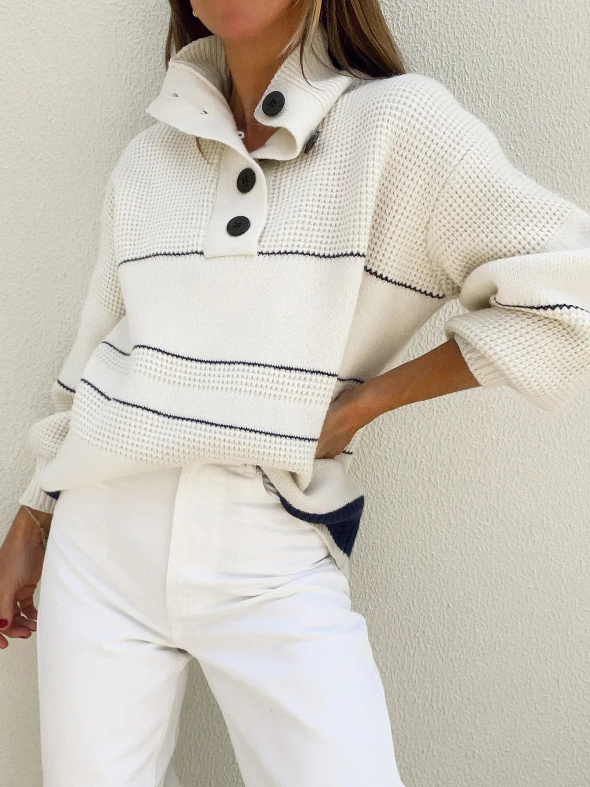 Mireille cream striped waffle knit sweater with a button placket, front view