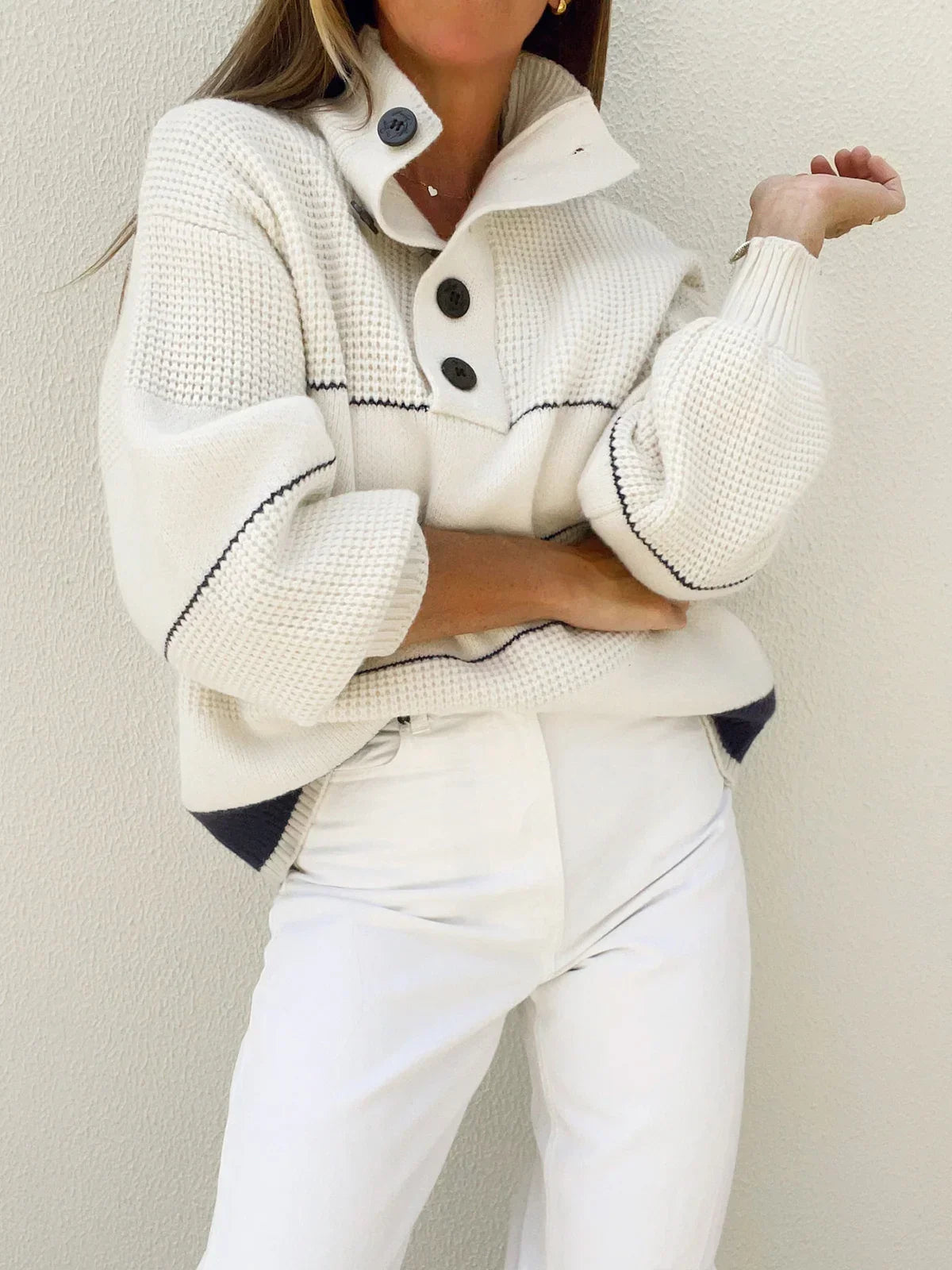 Mireille cream waffle knit sweater worn with white jeans