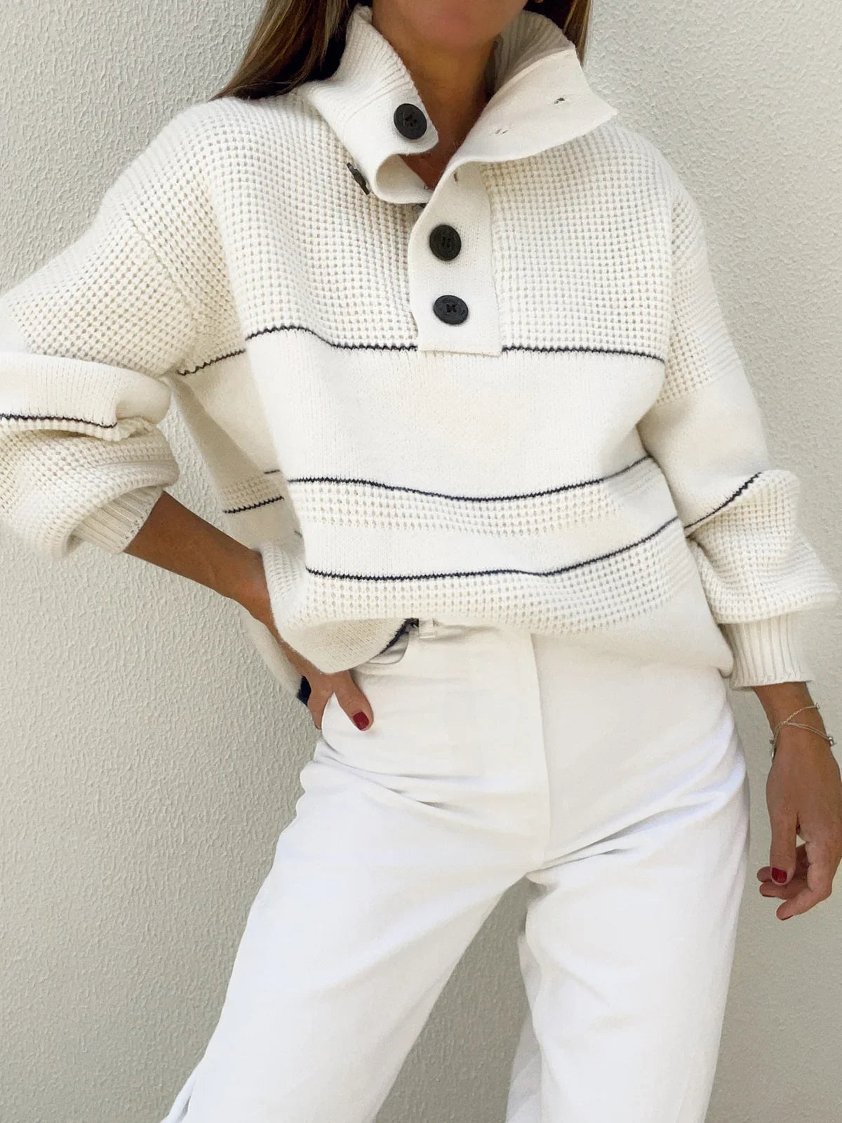 Mireille cream striped waffle knit sweater, full-length view