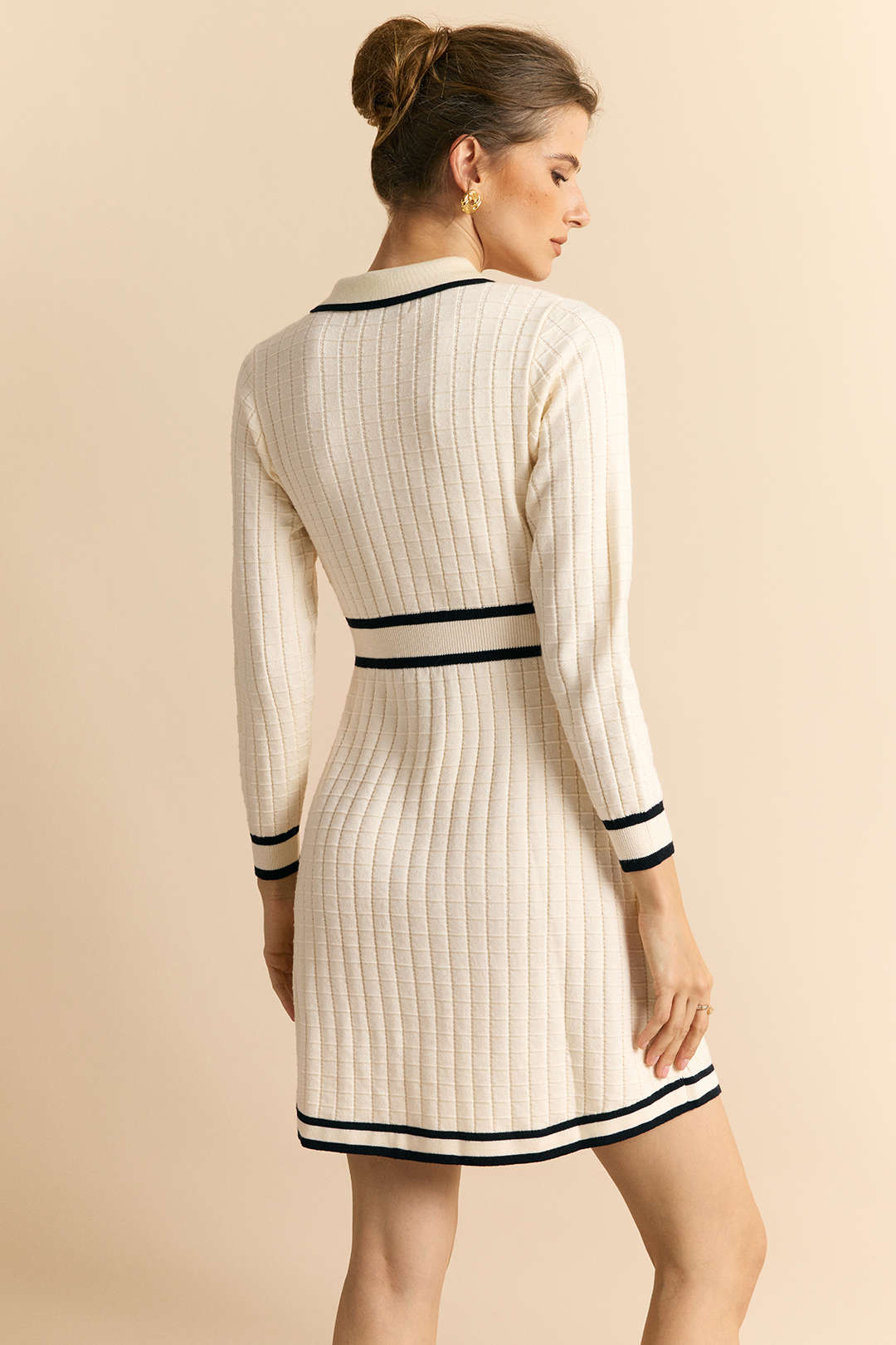 Myriam cream collared knit mini dress with navy trim, back view