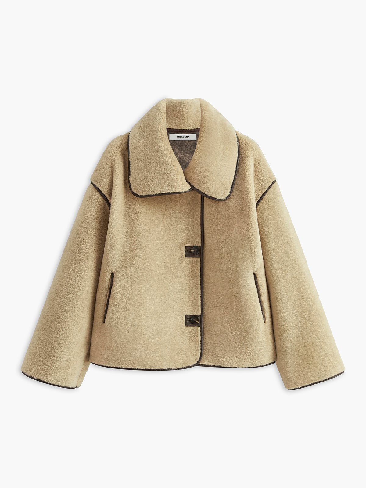 Beige deep-pile jacket laid flat, front