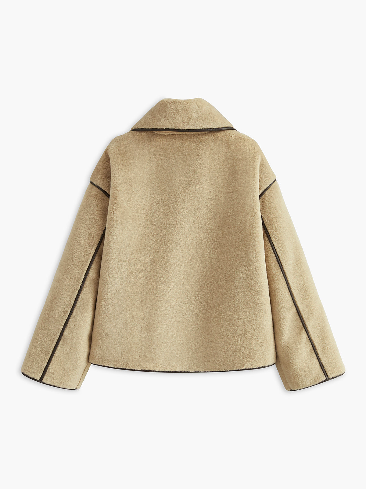 Beige deep-pile jacket laid flat, back