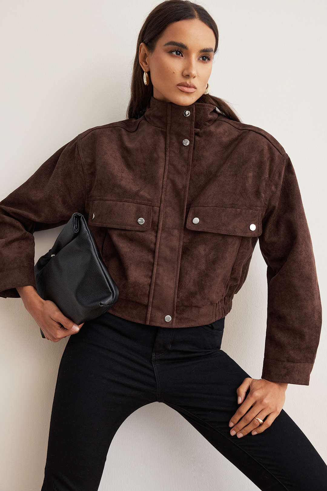 Nicole coffee high-collar pocket jacket, front view