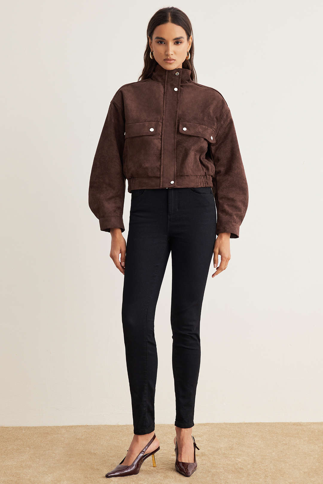 Nicole coffee high-collar pocket jacket, full-length view
