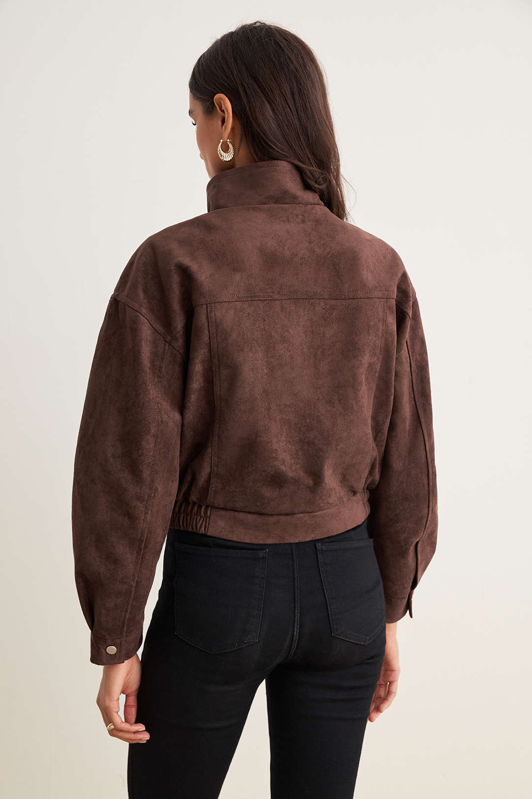 Nicole coffee high-collar pocket jacket, back view