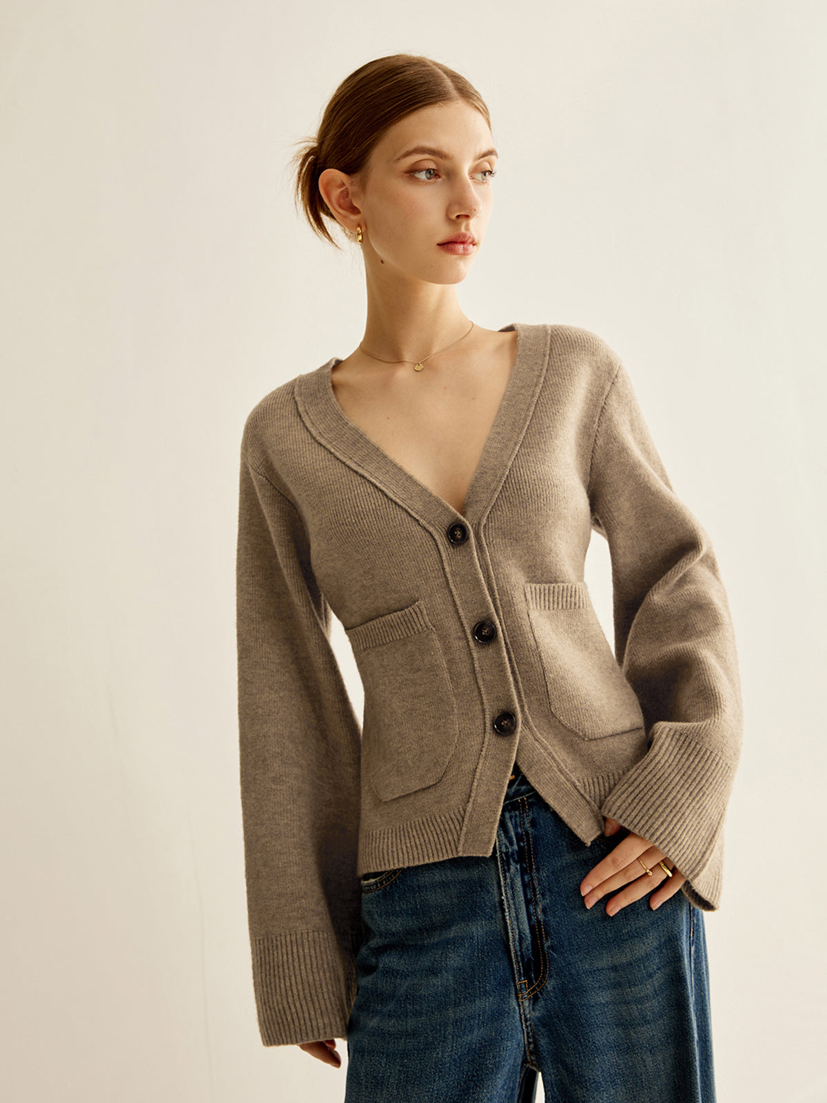 Noemie caramel V-neck cardigan with pockets, front view