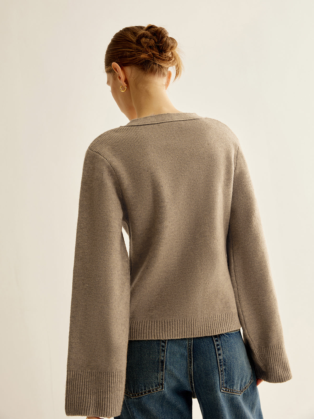 Noemie caramel cardigan styled on model