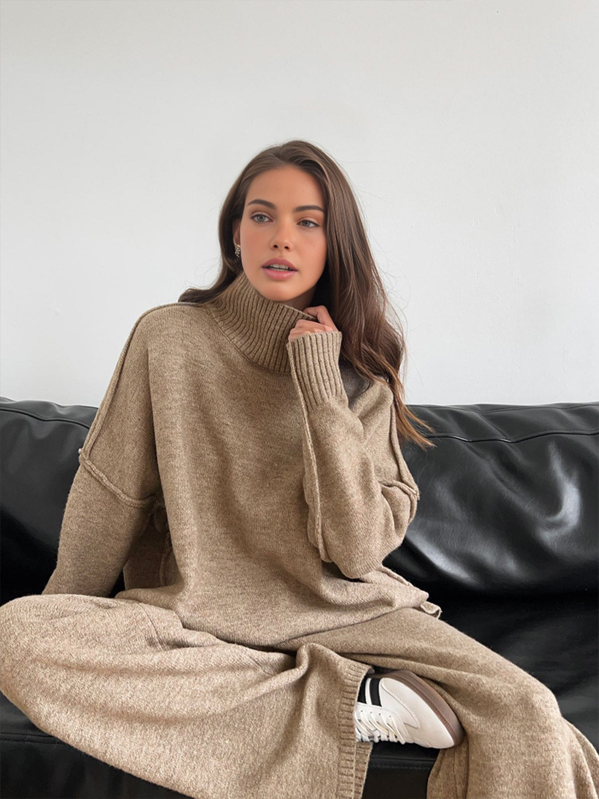 Nolwenn camel knit two-piece set, seated front view