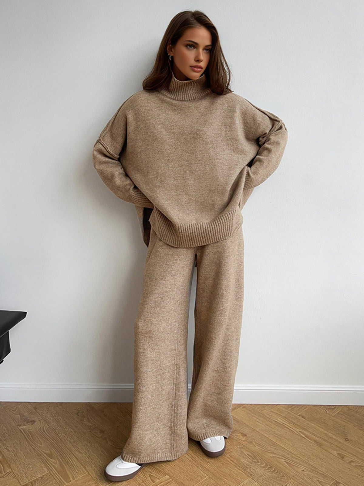 Nolwenn camel knit two-piece set, full-length view