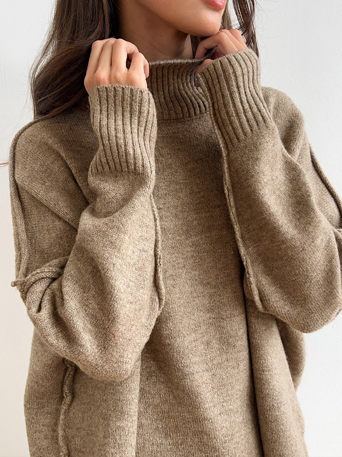 Nolwenn camel knit two-piece set, close-up of the folded turtleneck collar