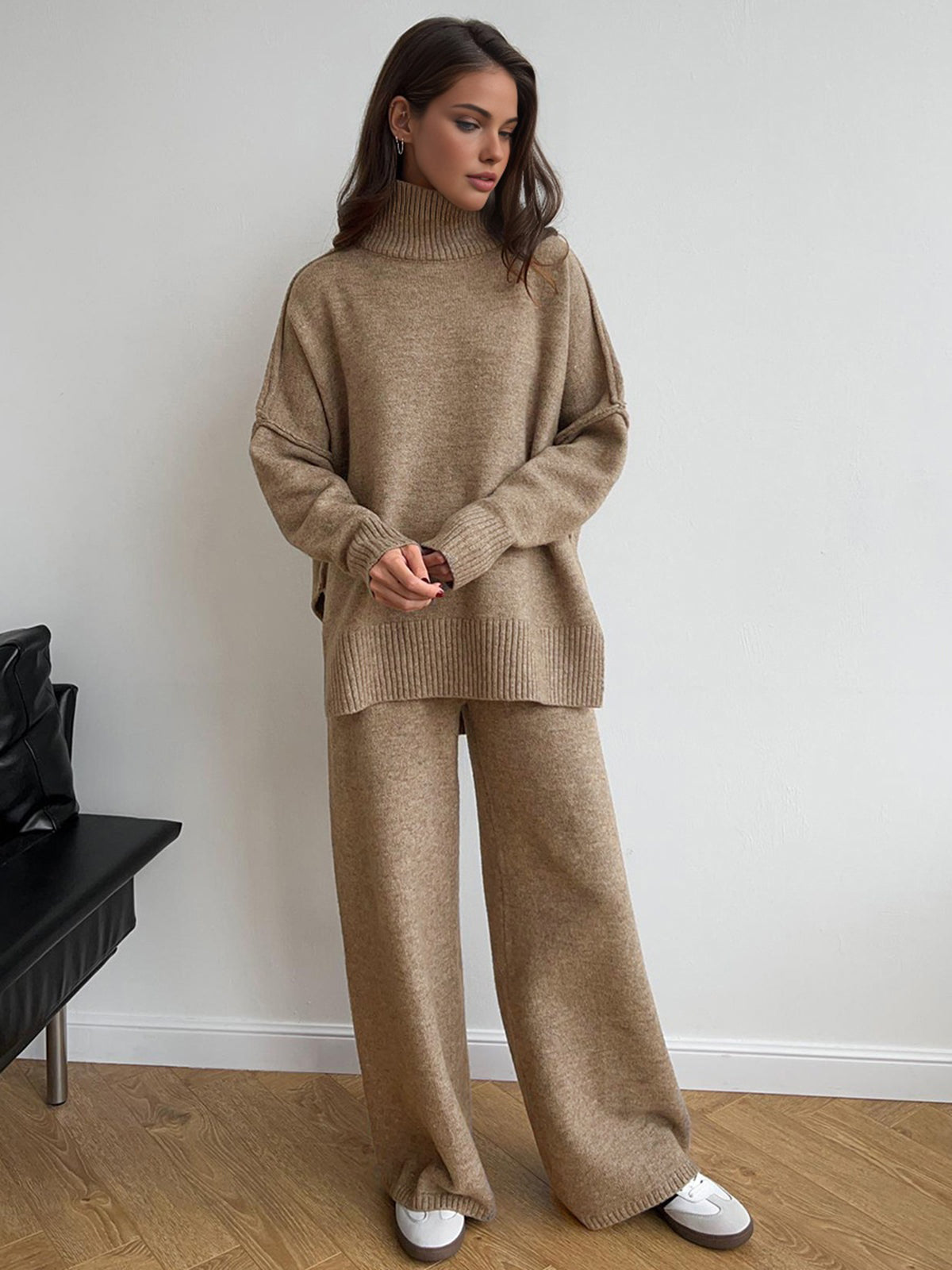Nolwenn camel knit two-piece set, front view