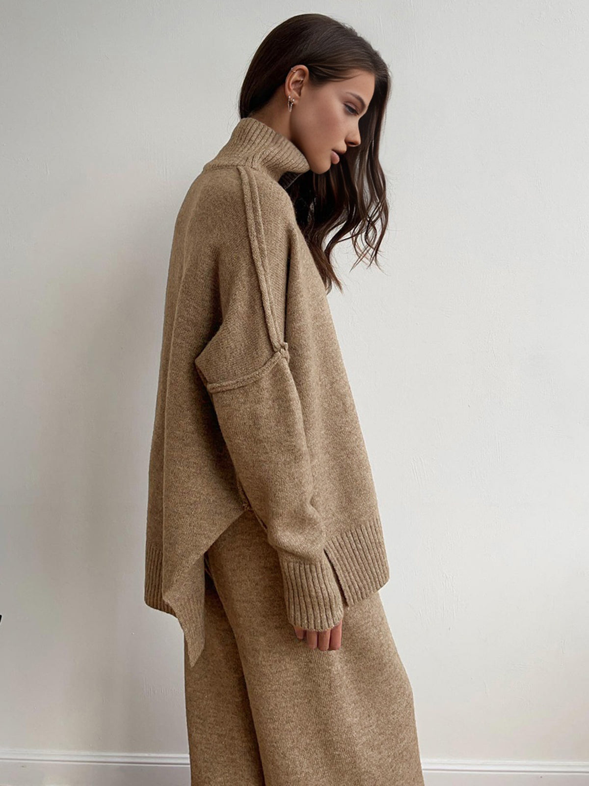 Nolwenn camel knit two-piece set, side view showing the exposed shoulder seam