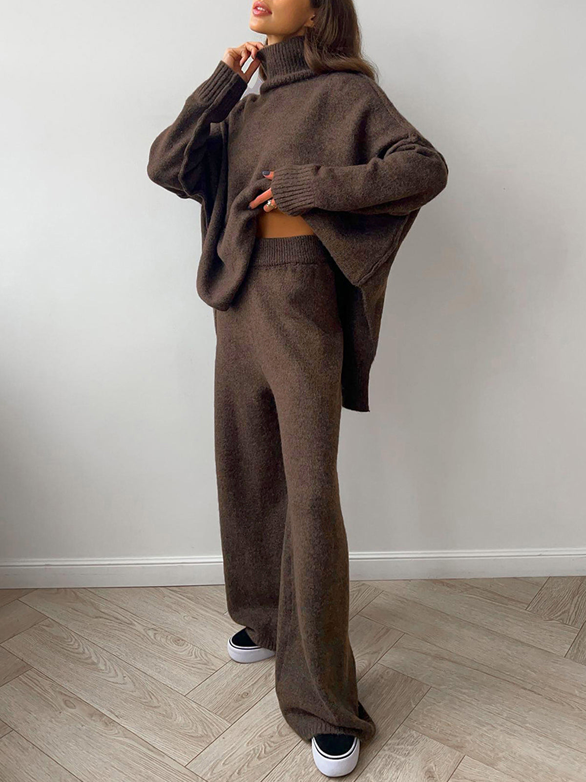 Nolwenn espresso knit two-piece set, side view with the ribbed pull-on waistband