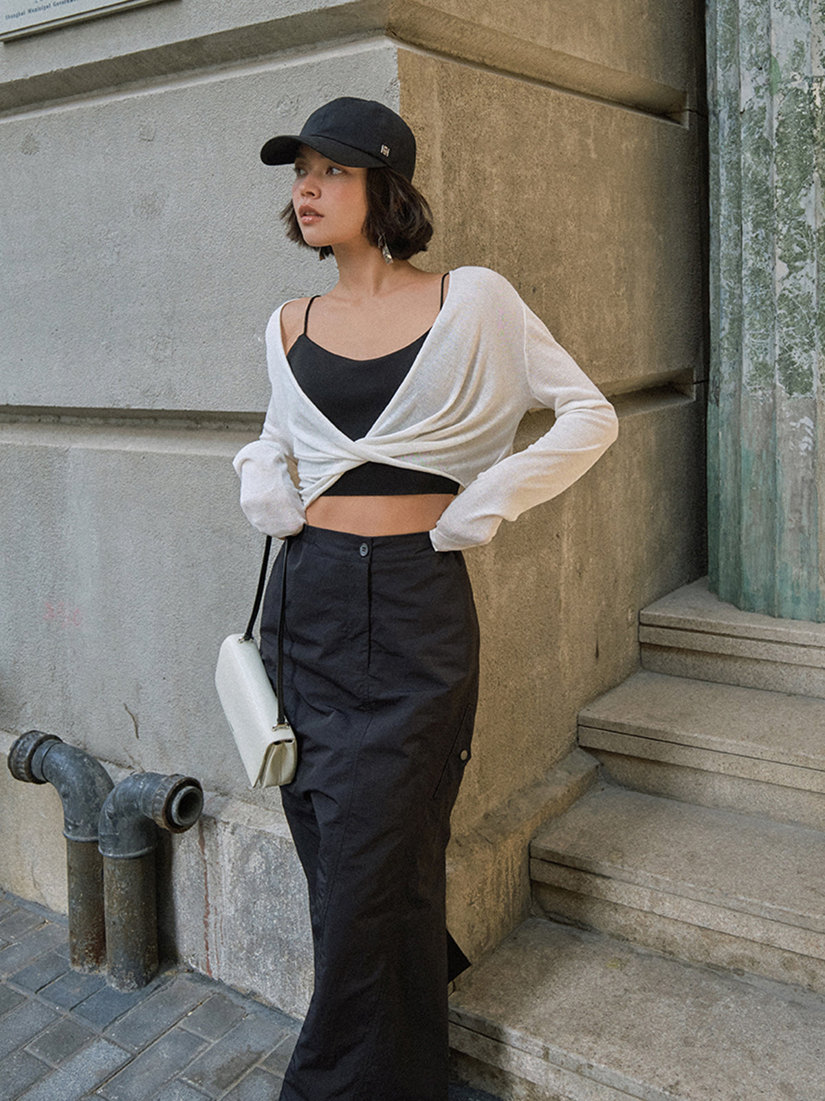 Odette white twist front cropped top, full-length view