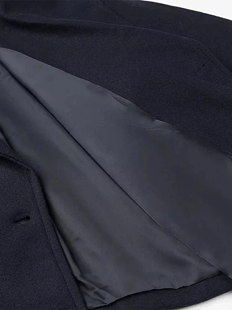 Close-up of the lining inside the Odile navy peacoat