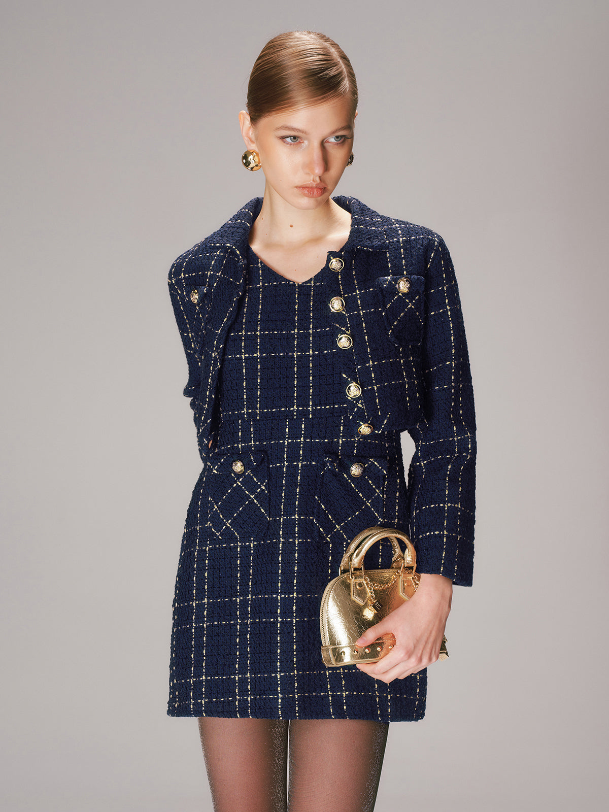 Olympe navy gold check tweed jacket and mini dress set, front view