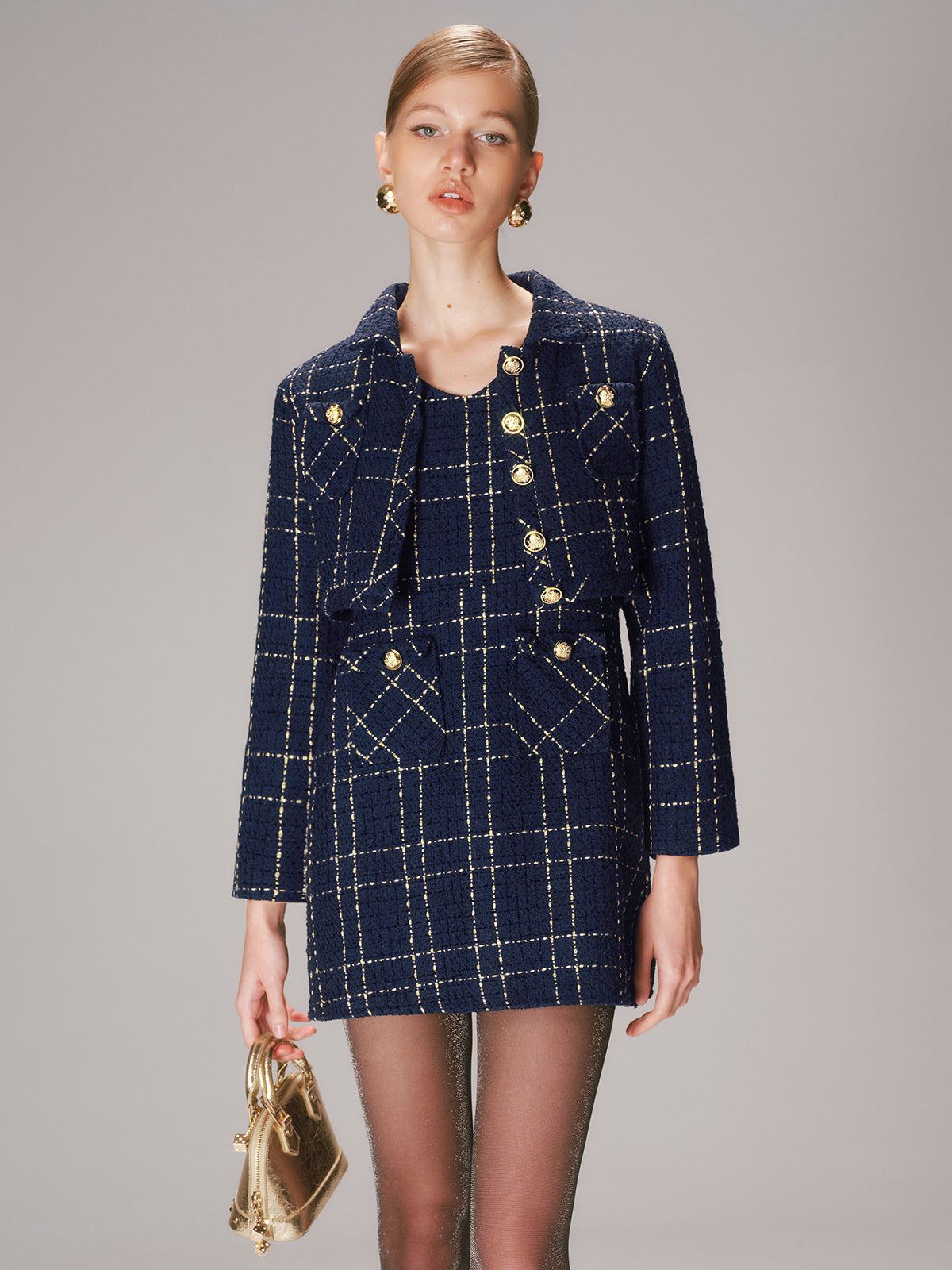 Olympe navy gold check tweed jacket and mini dress set, full-length view