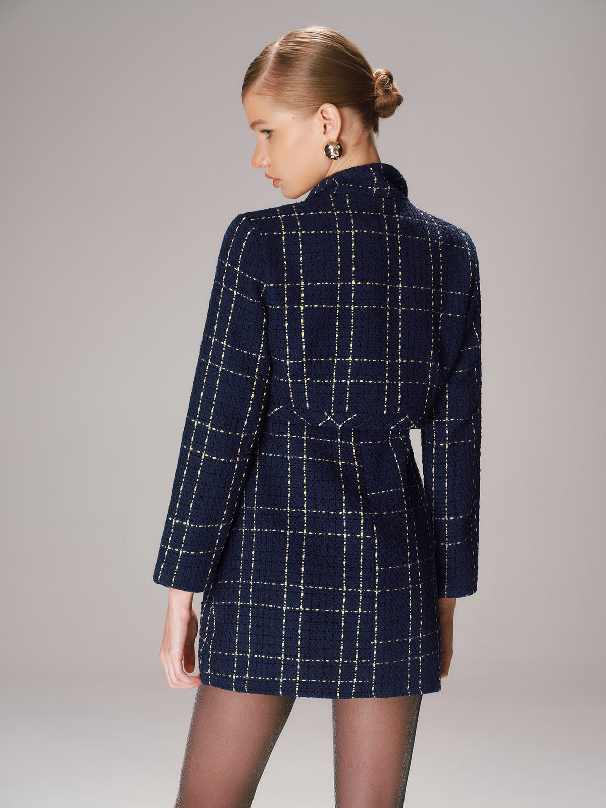 Olympe navy gold check tweed jacket and mini dress set, back view