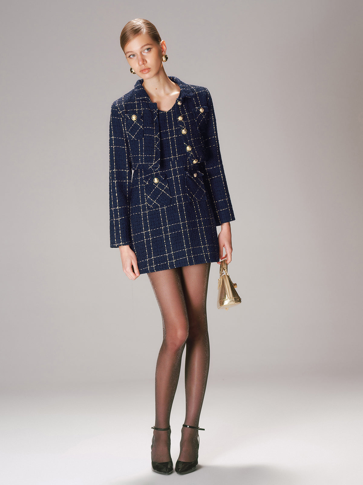 Olympe navy gold check tweed jacket and mini dress set, full-length front view