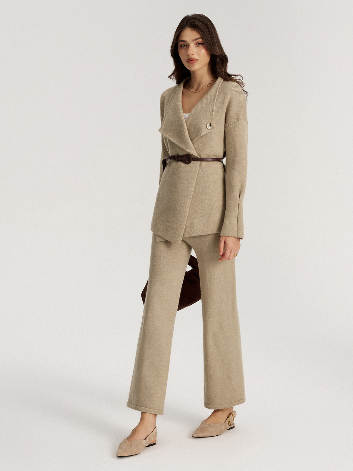 Ombeline sand knit jacket and wide-leg trouser set, front view