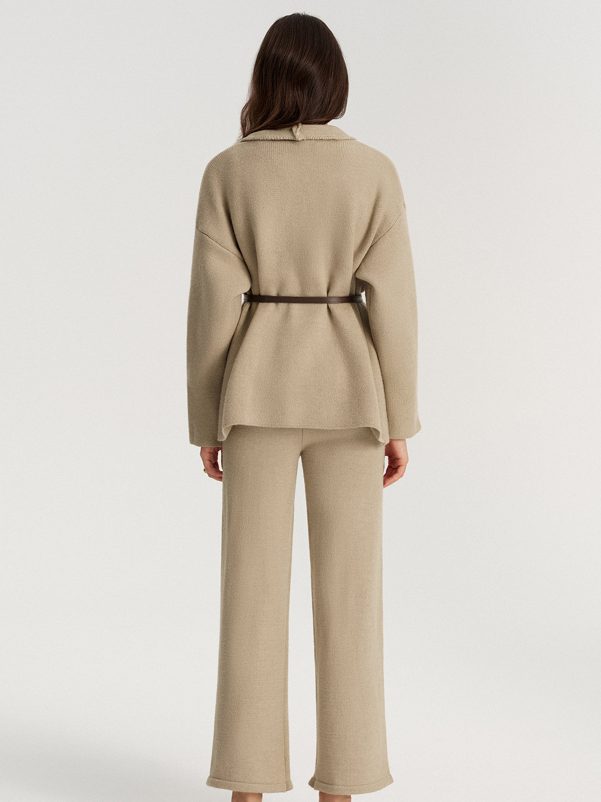Ombeline sand knit jacket and wide-leg trouser set, back view