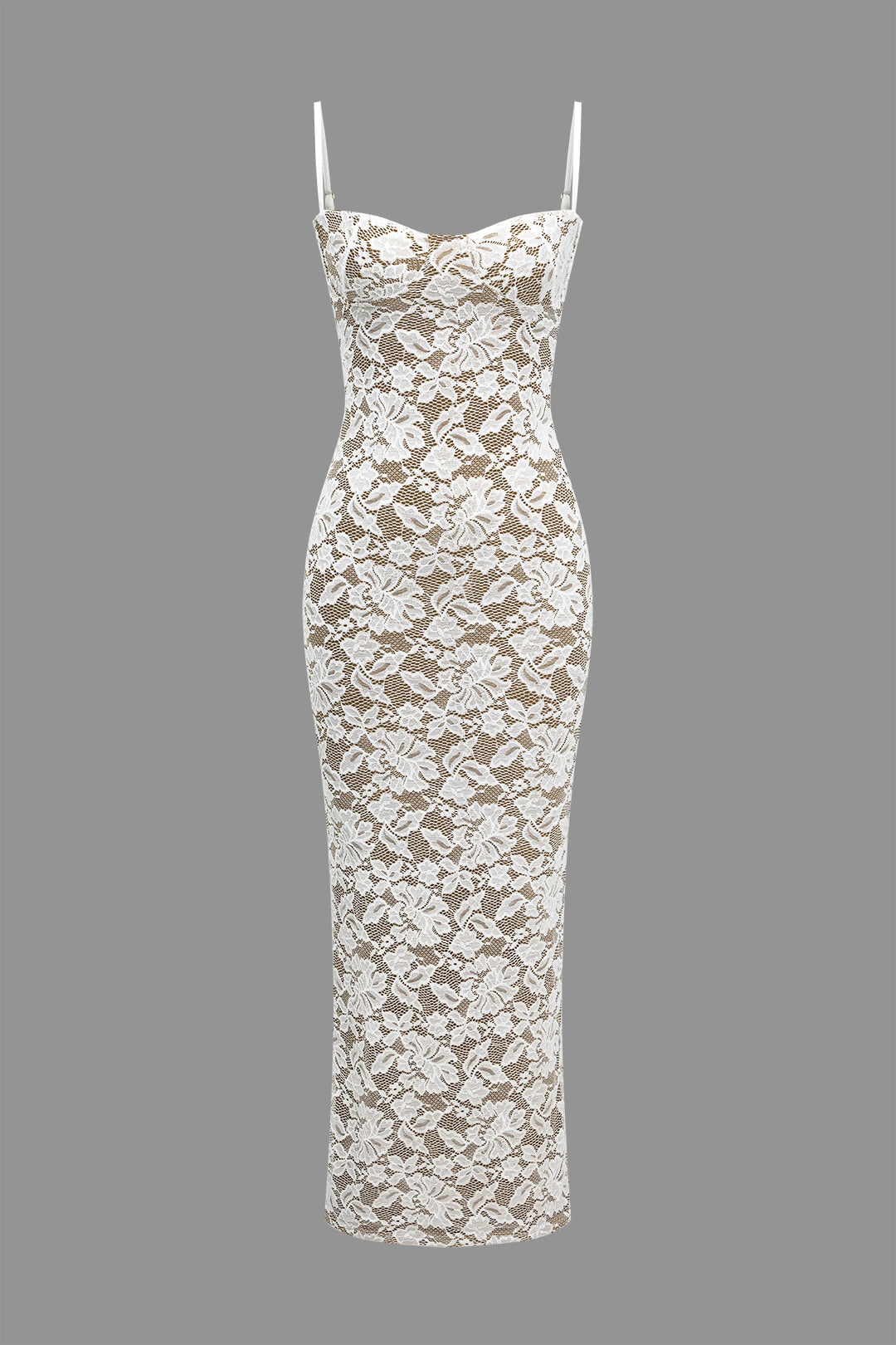 White lace strap dress, side view