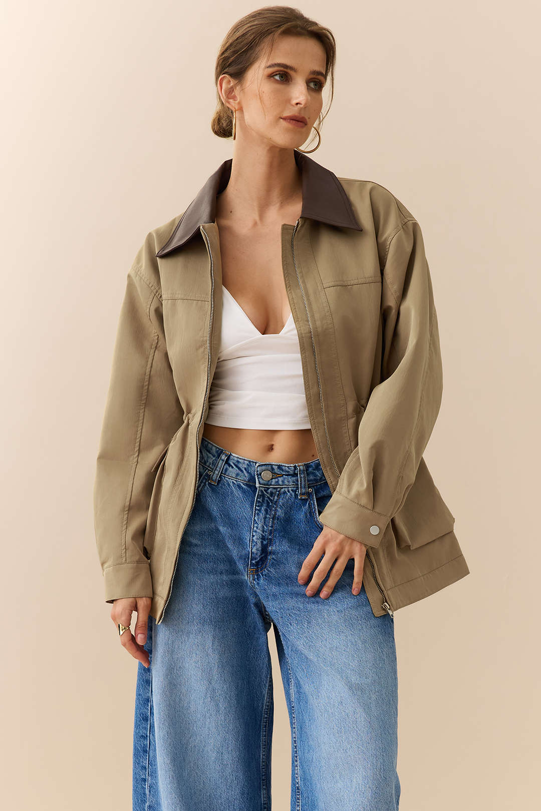 Orianne khaki contrast-collar jacket worn open, front view