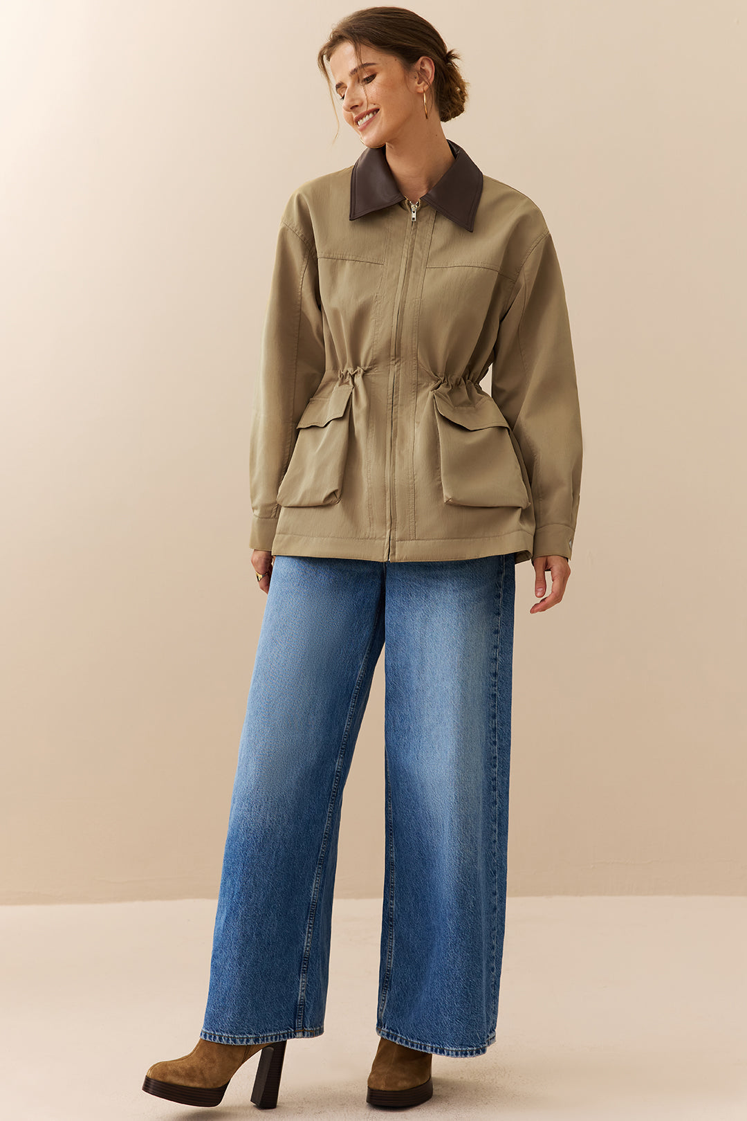 Orianne khaki contrast-collar jacket, full-length view