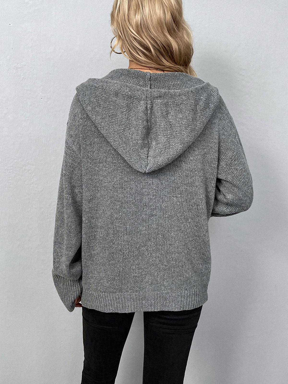Paulette gray hooded cardigan, back view of the seamed hood