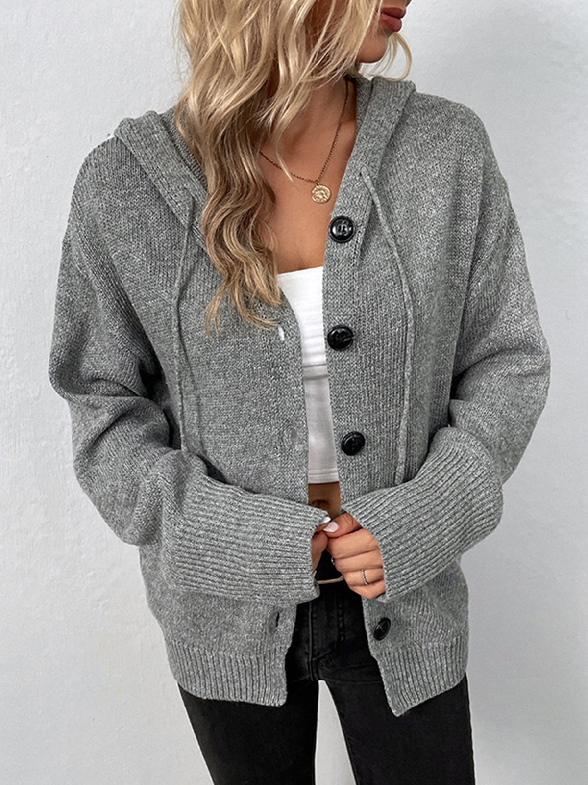 Paulette gray hooded cardigan, close-up of the hood drawstring cords