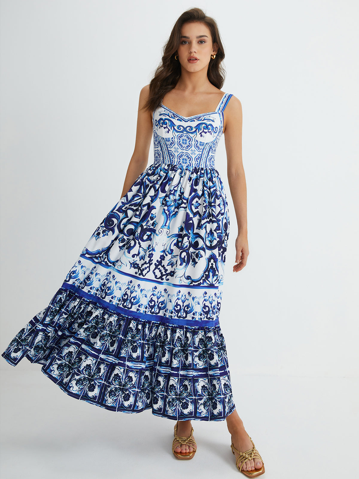 Penelope blue and white tile print tiered maxi dress, front view