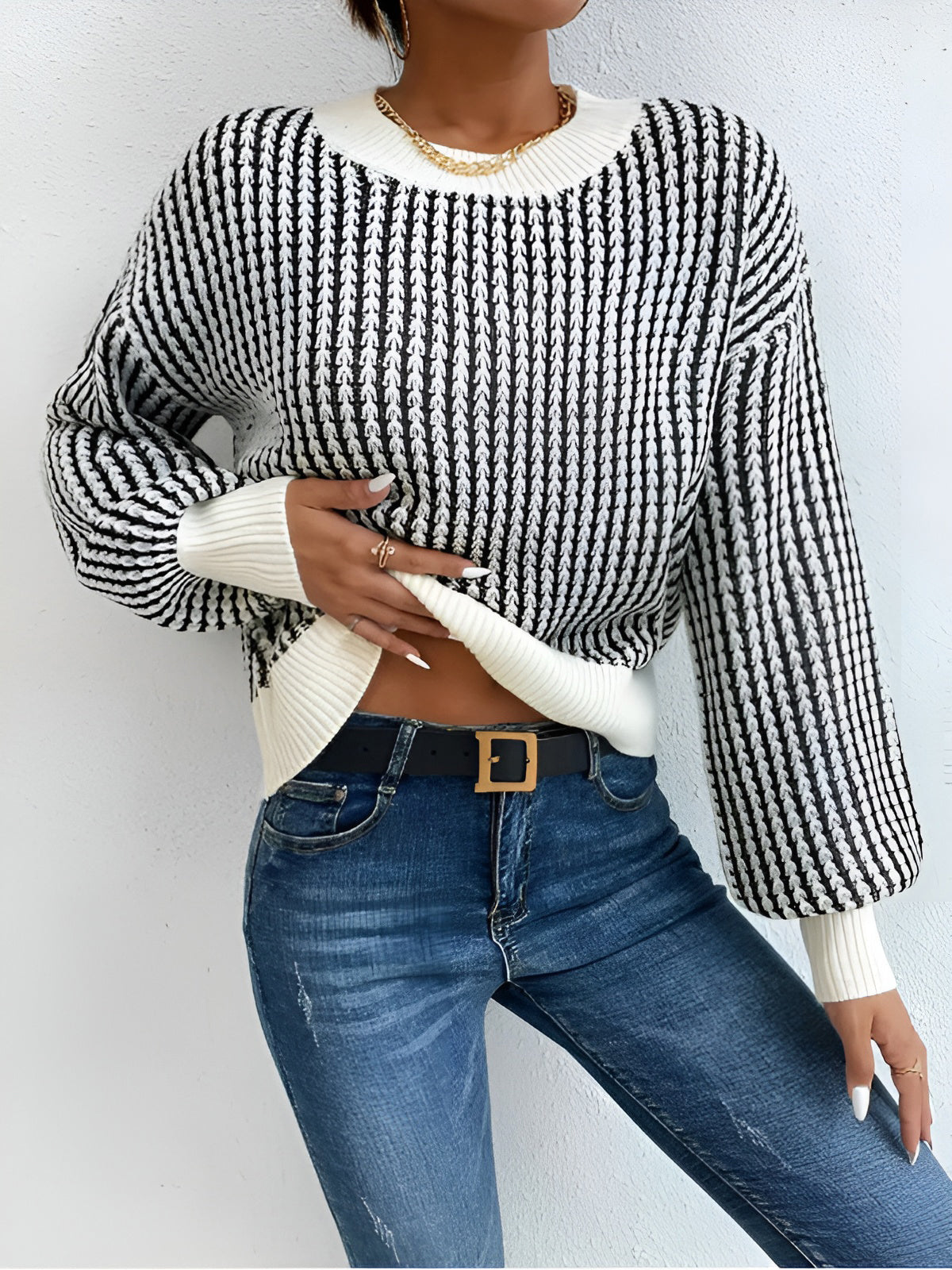 Pierrette black and white striped wide sleeve knit sweater, front view