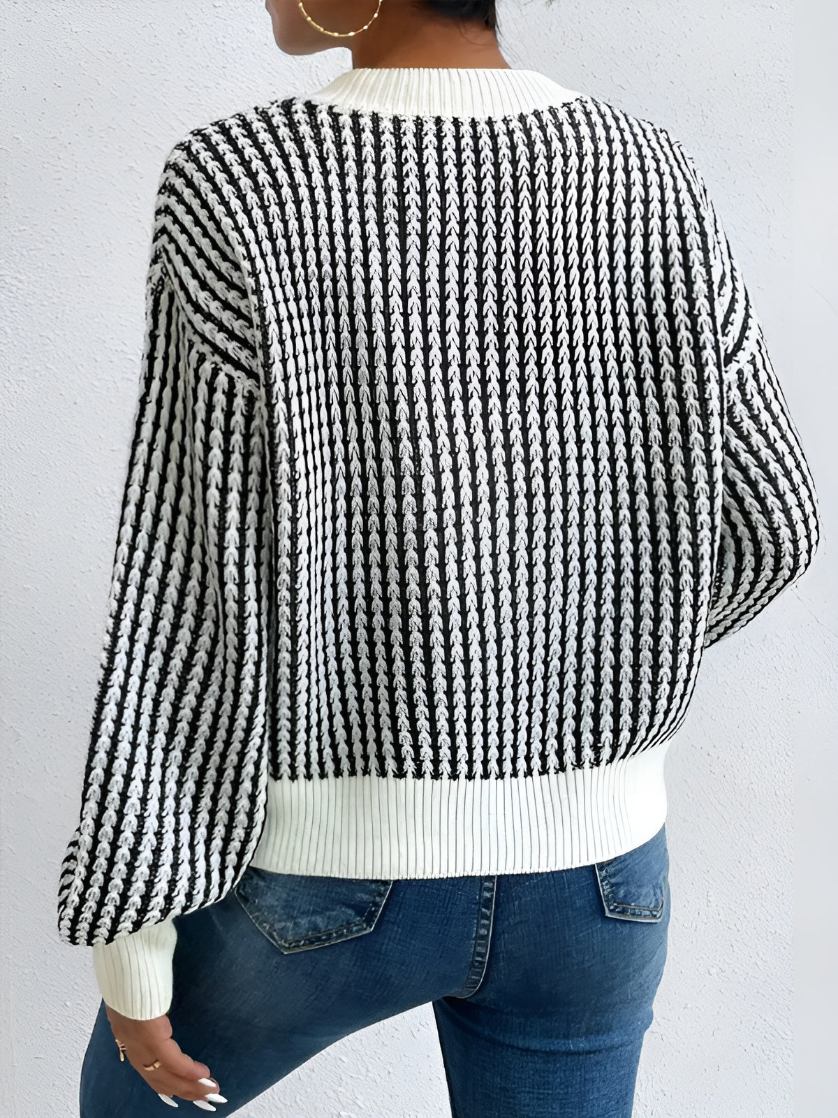 Pierrette black and white striped wide sleeve knit sweater, back view