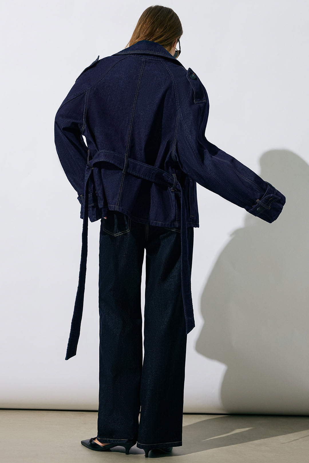 Rachelle blue belted wide-lapel jacket, back view