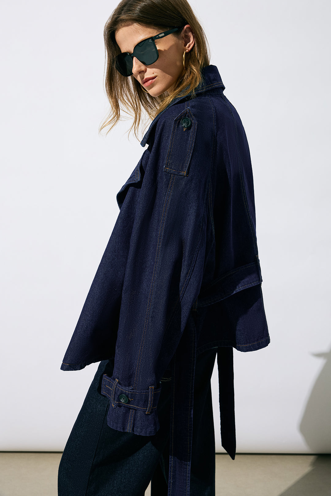 Rachelle blue belted wide-lapel jacket, side view