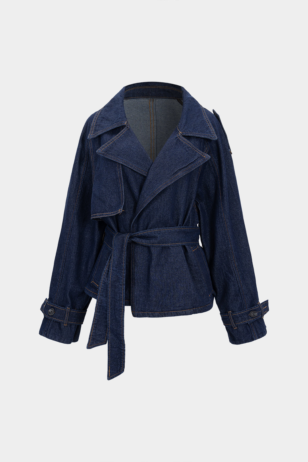 Rachelle blue belted wide-lapel jacket laid flat, front