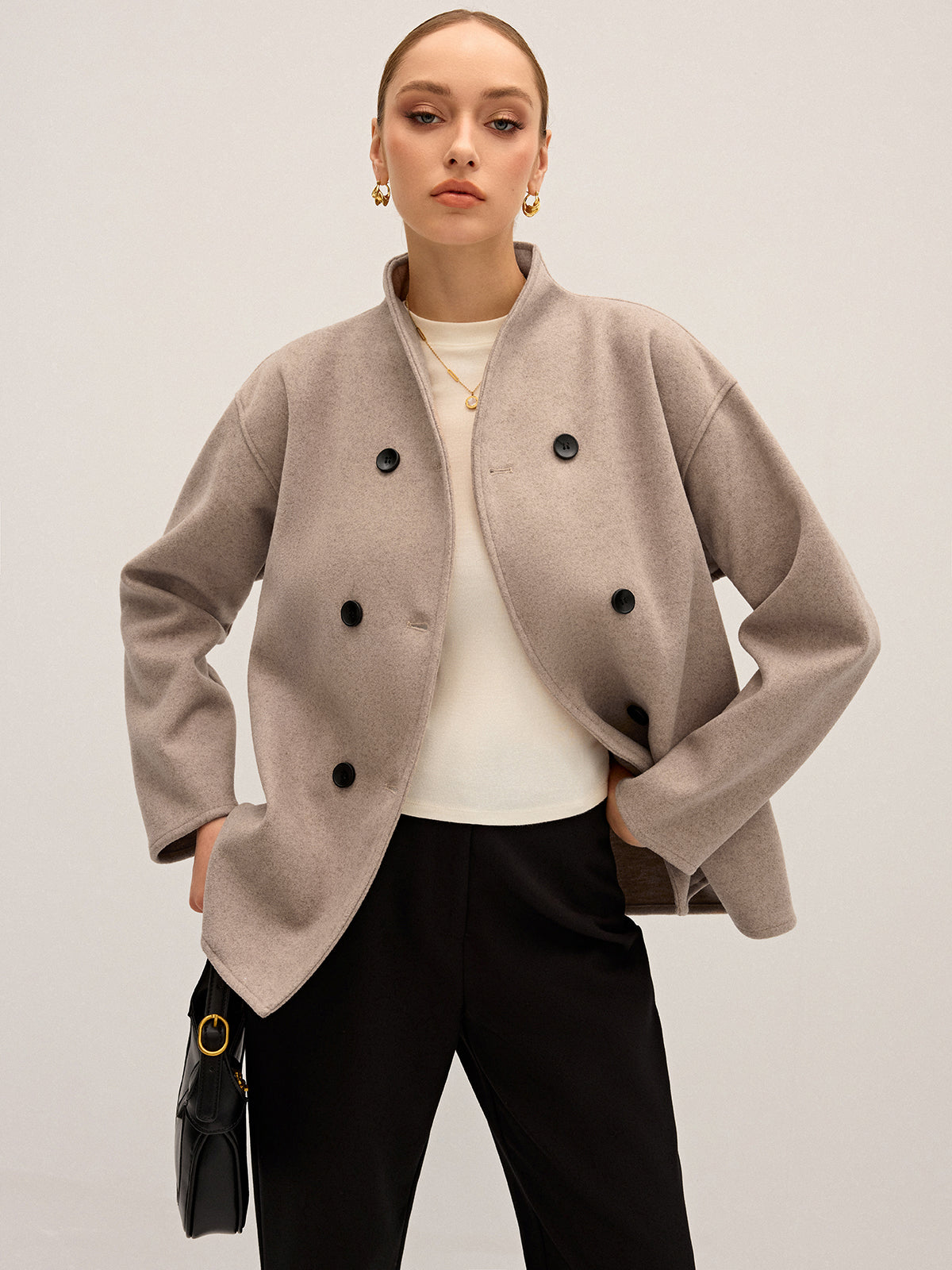 Raymonde Taupe stand collar double-breasted jacket, front view worn open