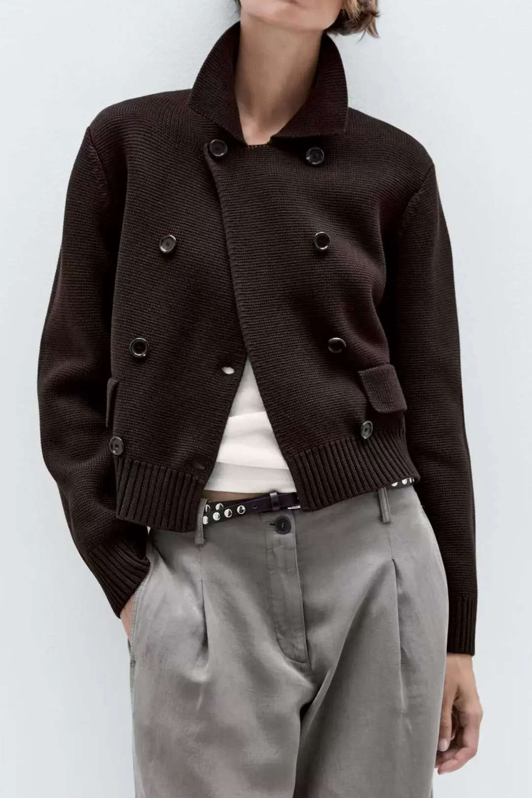 Regine coffee double-breasted pocket cardigan, front view on the model