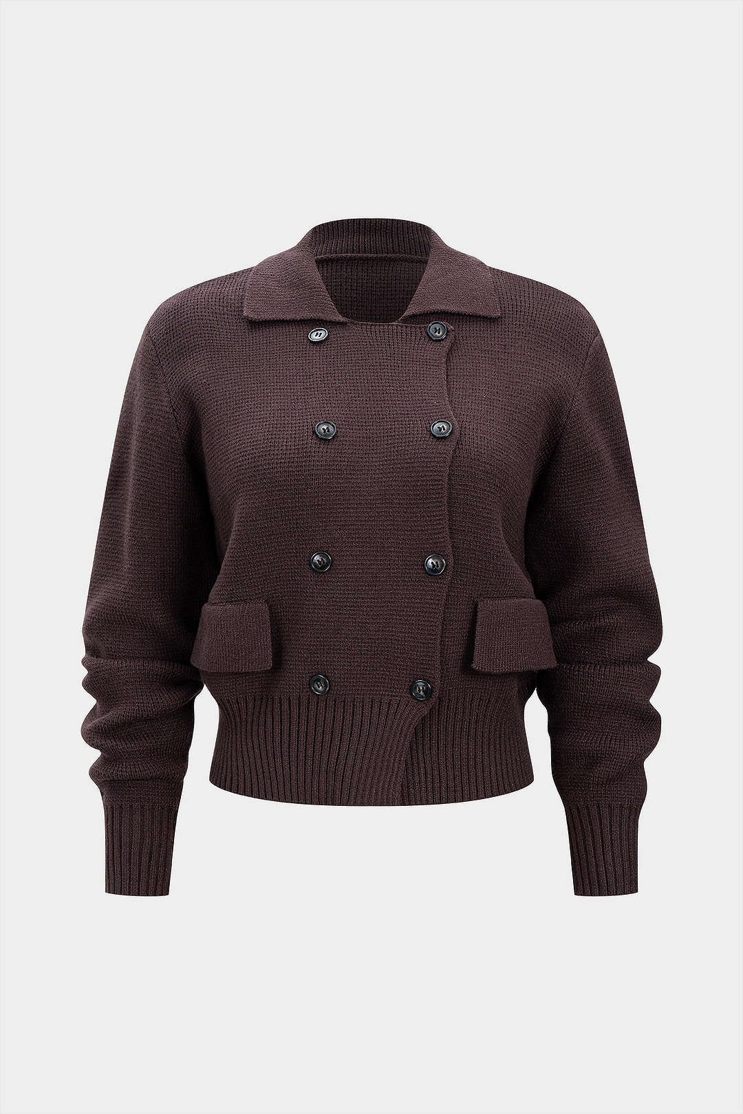 Regine coffee double-breasted pocket cardigan laid flat, front
