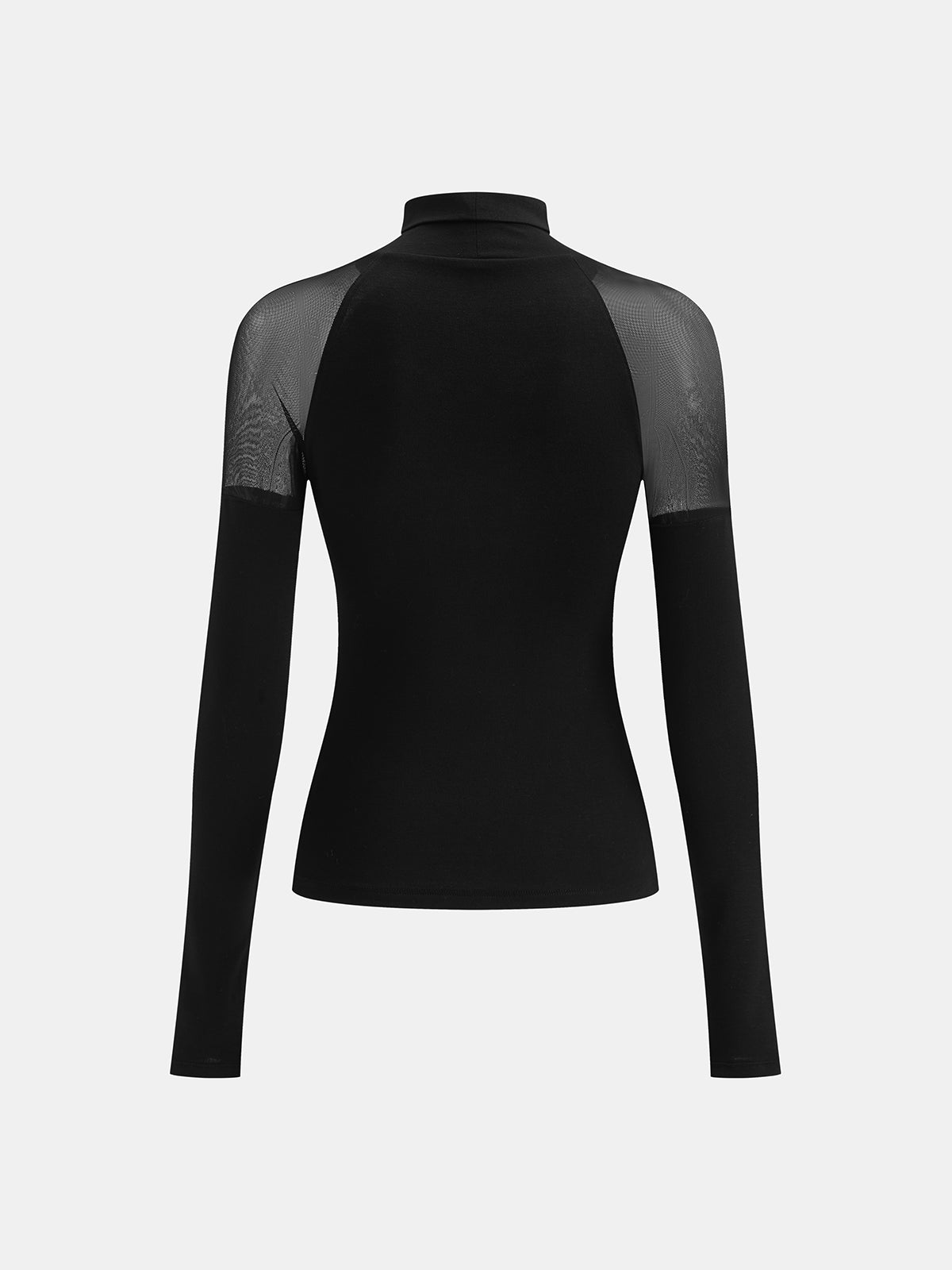 Salome black mesh-shoulder top styled on model