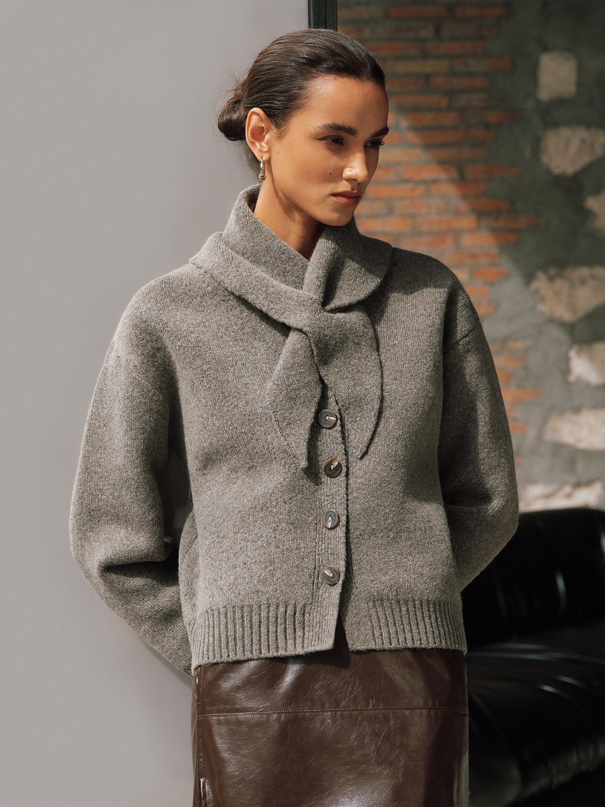 Sandrine gray scarf-tie button cardigan, three-quarter front view