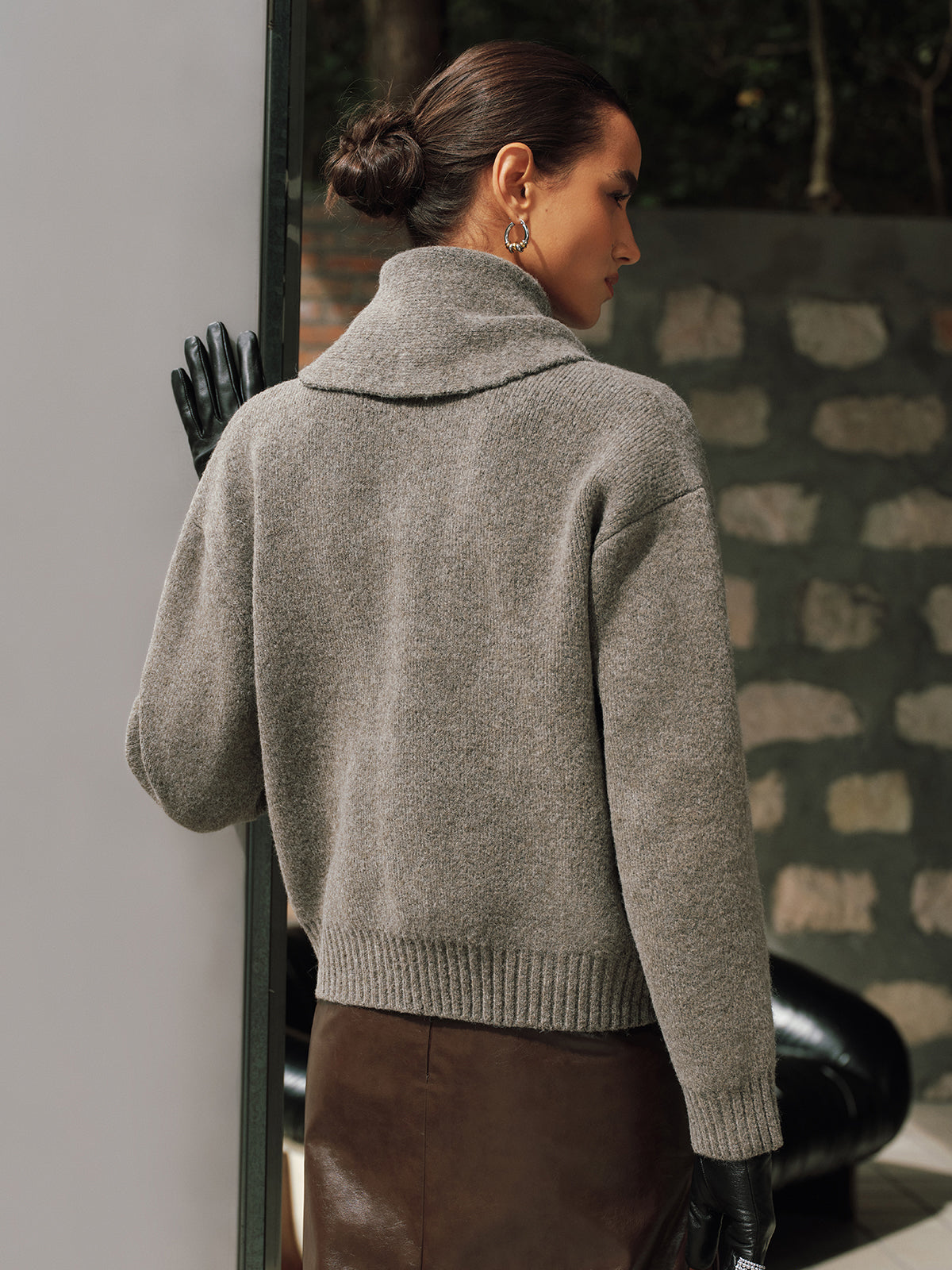 Sandrine gray scarf-tie button cardigan, back view with funnel collar and ribbed hem