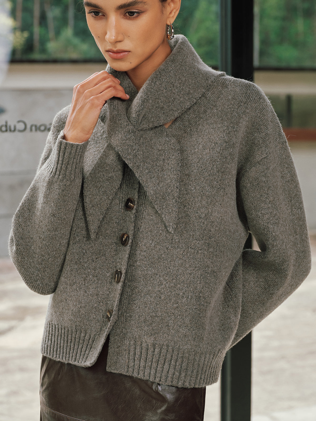 Sandrine gray scarf-tie button cardigan, close view of the crossed scarf and collar