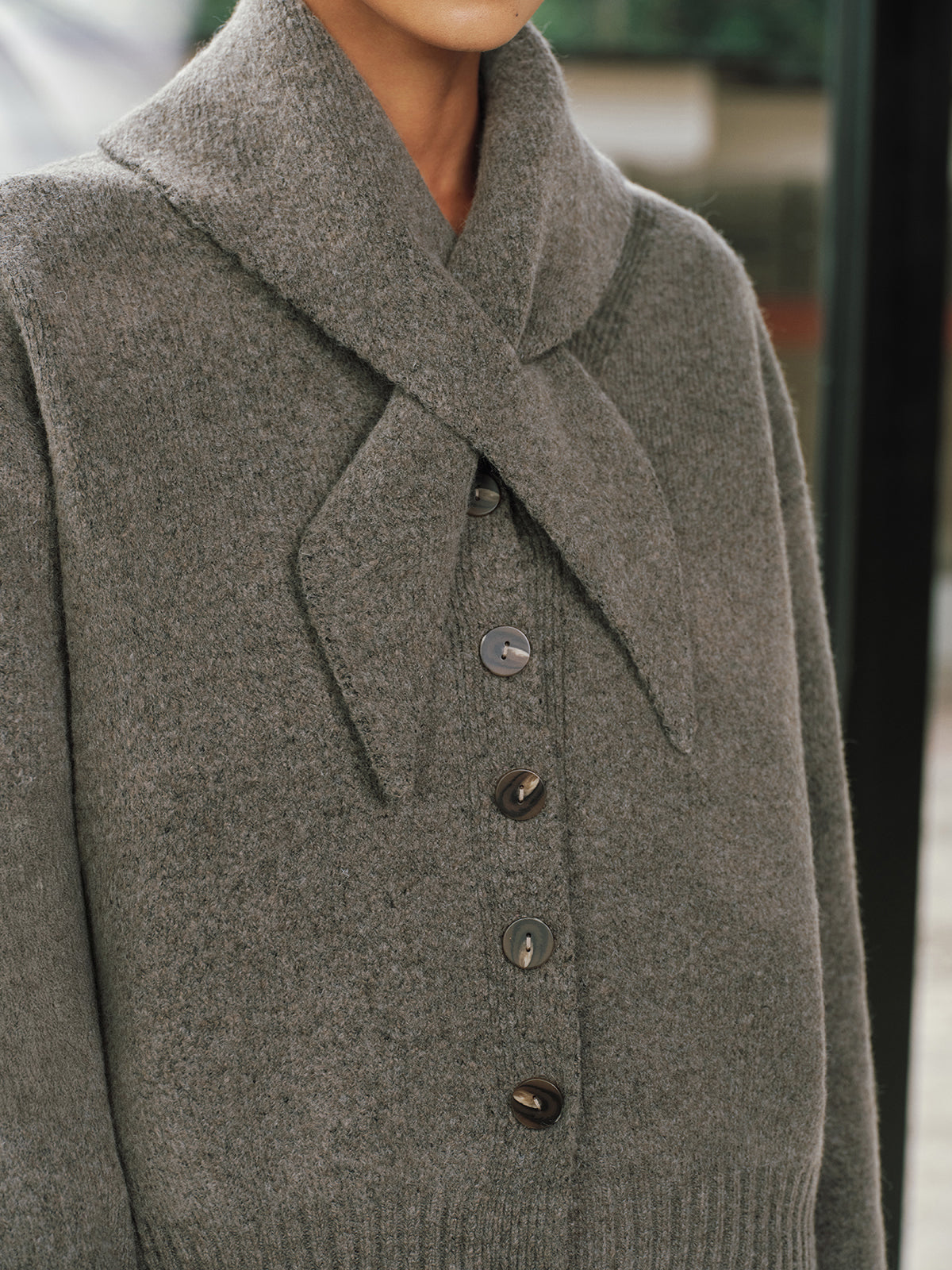 Sandrine gray scarf-tie button cardigan, close-up of the buttons and brushed knit