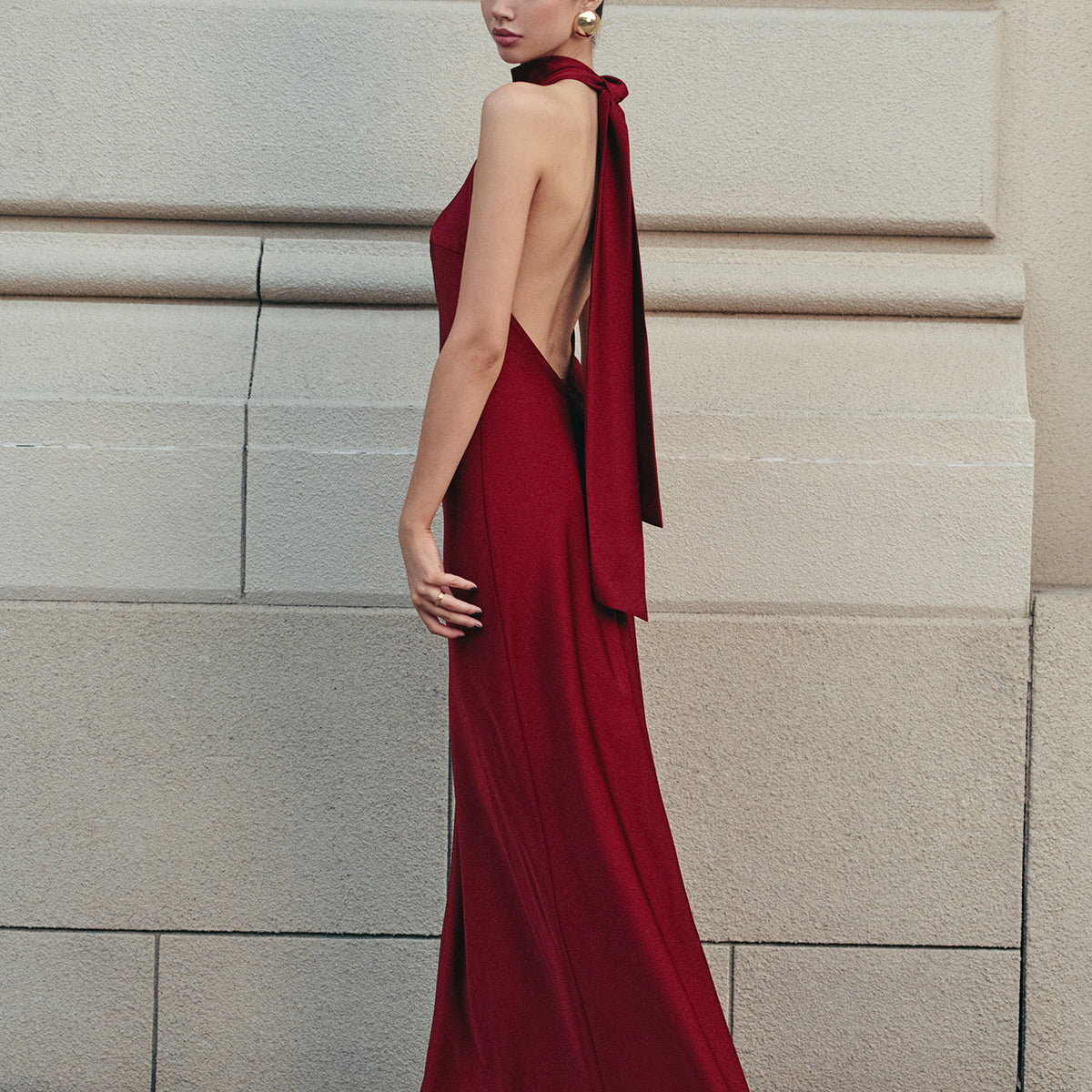 Women's Backless Halter Maxi Dress, Burgundy