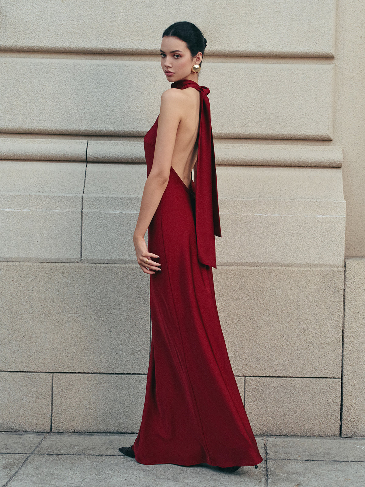 Seraphina burgundy backless halter maxi dress, front view